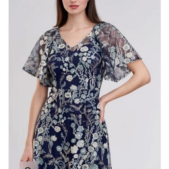 JS Collections Navy Blue Elsie Floral Sequin T-Length Midi Dress - Picture 3 of 3